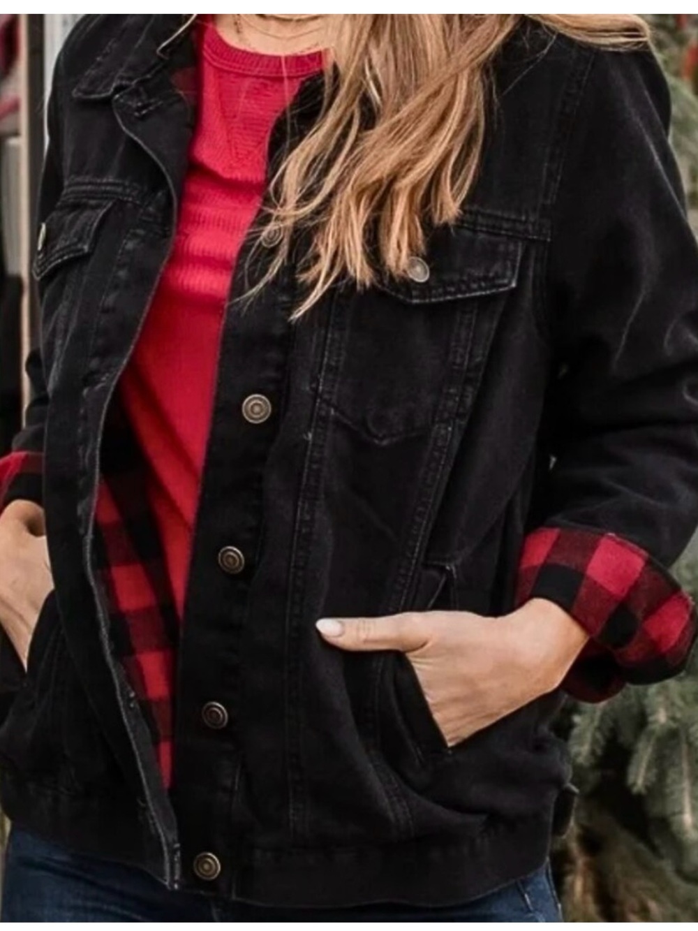 Thread & Supply Black Denim Jacket with Red Plaid Trim & Lining